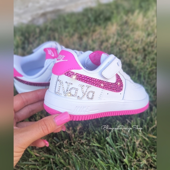 Girls Bling Nike Air Force 1 Low Easy On Personalized Sneakers With Crystals - Picture 2 of 8